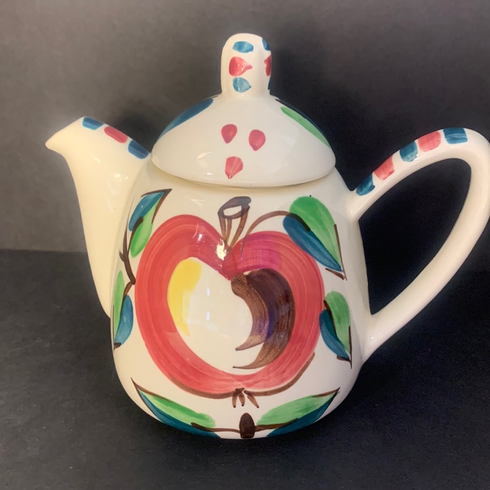 Purinton Slip Ware Teapot, Apple, Vintage, 6.75" H, Hand Painted, American MCM
